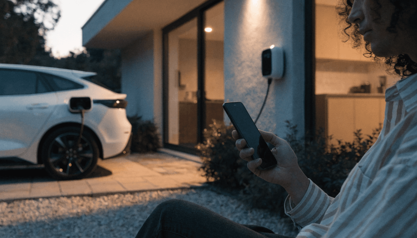 Persona programando la carga nocturna del coche eléctrico desde la app junto al wallbox de casa — Bétera
