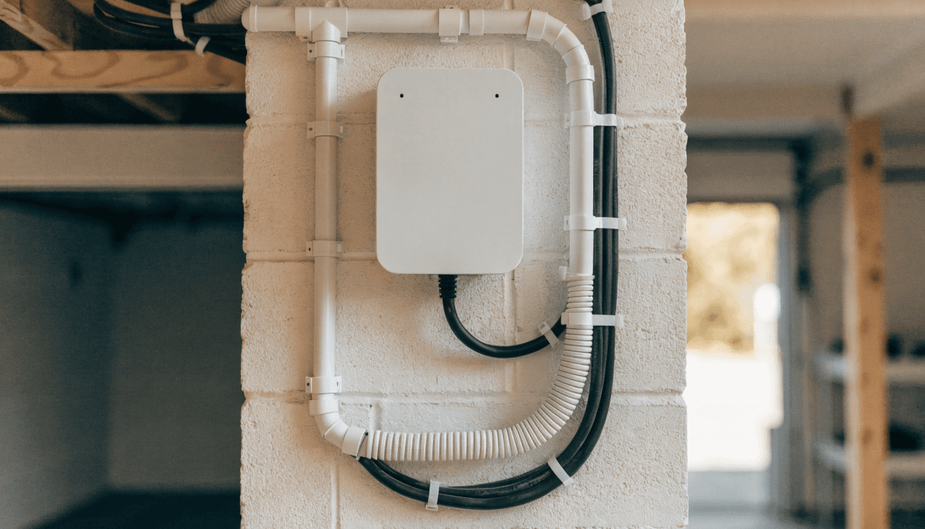 Canalización y cableado ordenado en tubo blanco hasta el wallbox en la pared del garaje — Bétera