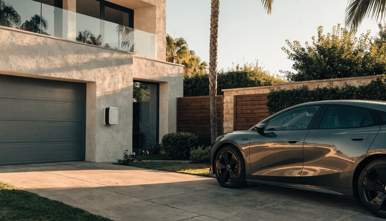 Chalet en Valencia con coche eléctrico y punto de recarga al atardecer