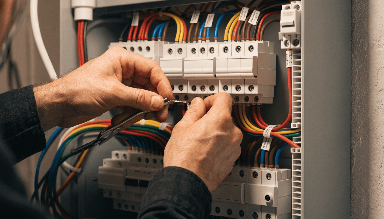 Electricista cableando el cuadro eléctrico con magnetotérmico y diferencial para un punto de recarga en Bétera